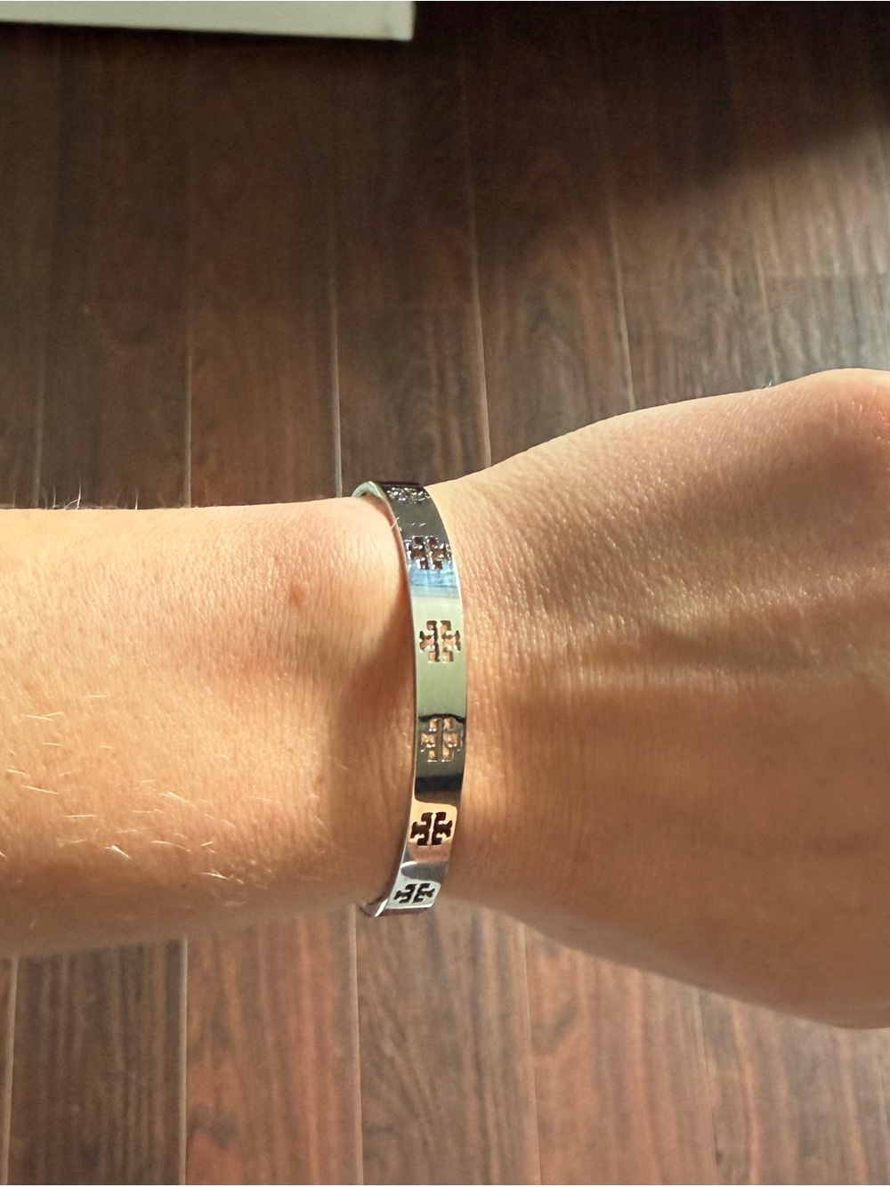 Tory Burch Polished Silver Logo Cutout Bangle